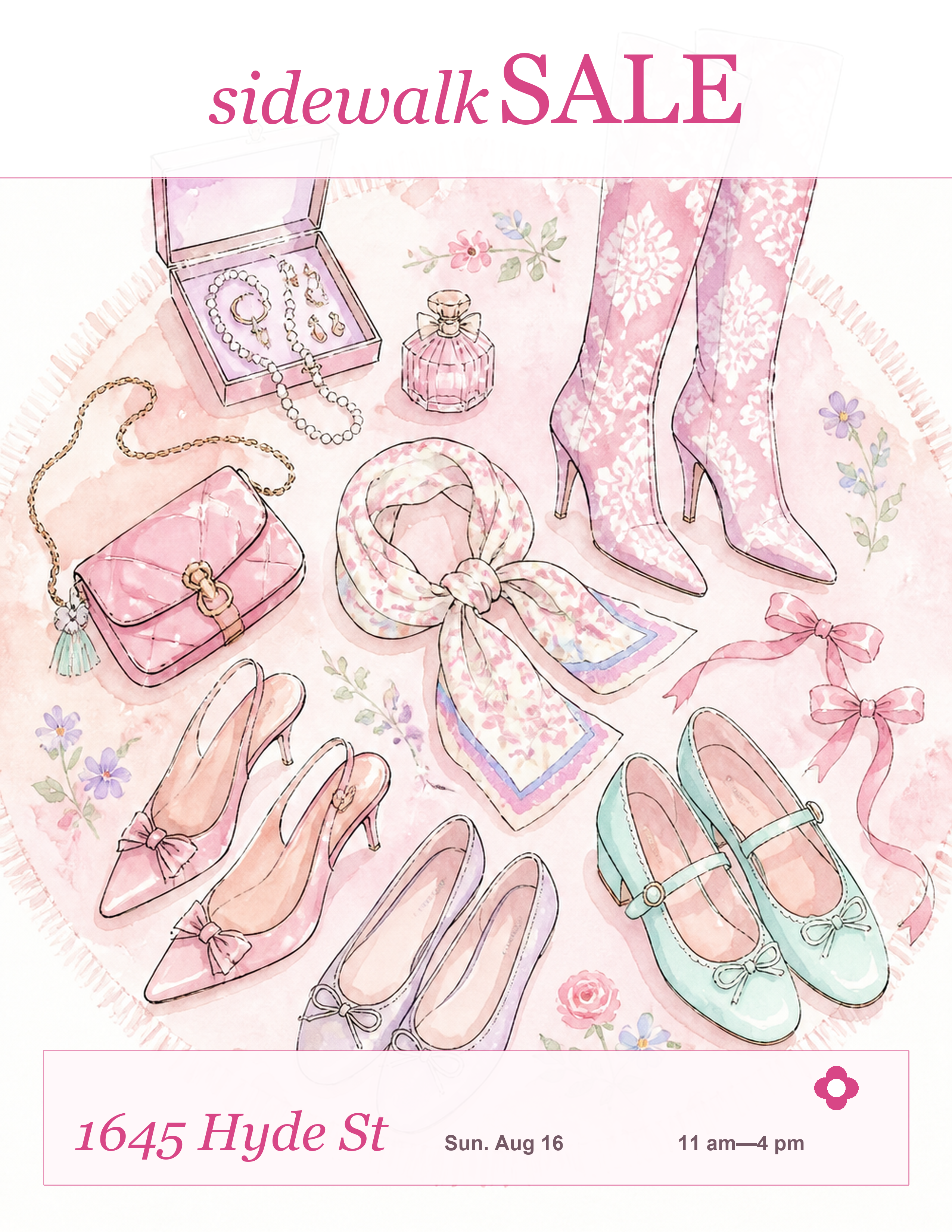 Pretty Things sidewalk sale poster for 1645 Hyde St, Sun. Aug 16, 11 am to 4 pm