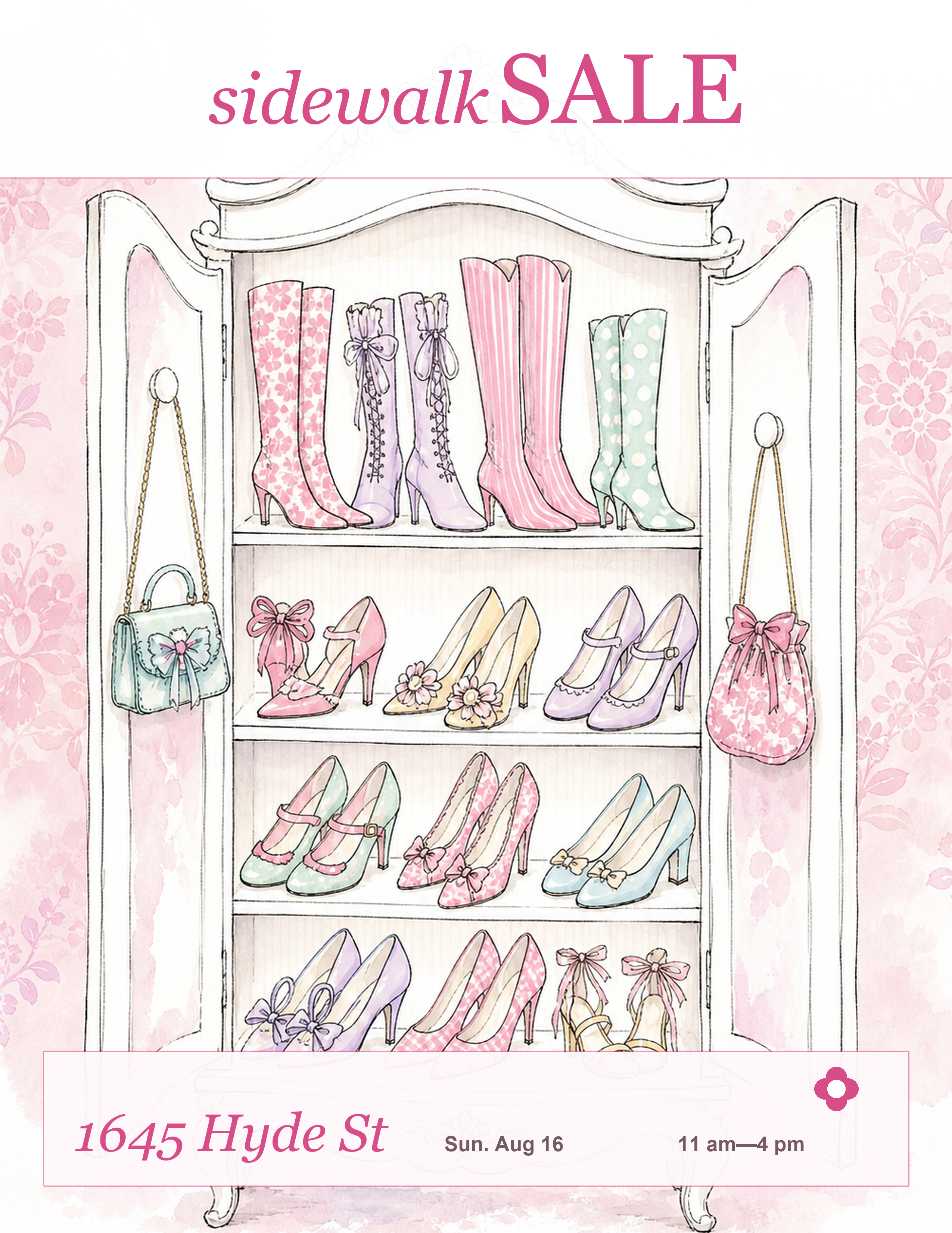 The Shoe Closet sidewalk sale poster for 1645 Hyde St, Sun. Aug 16, 11 am to 4 pm