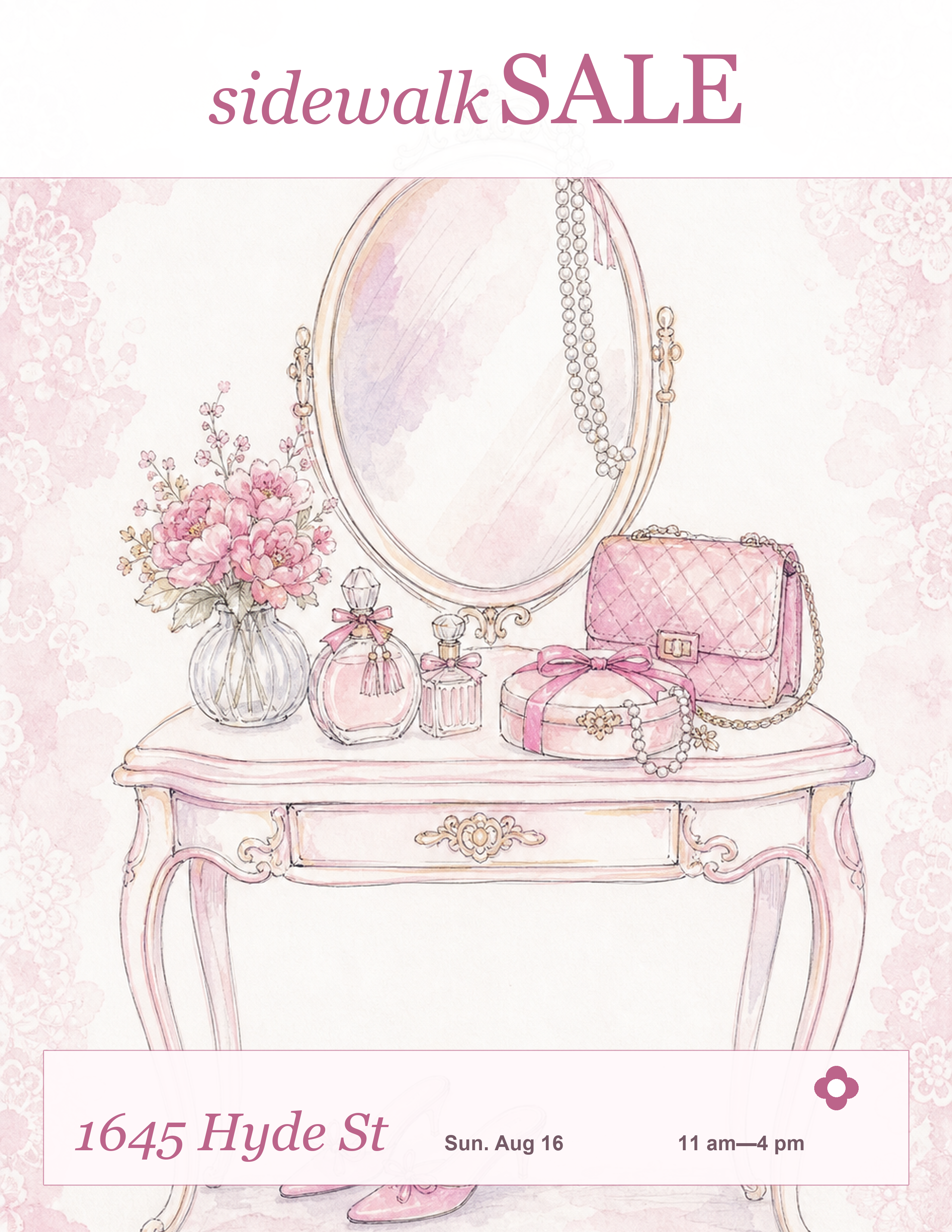 Vanity Moment sidewalk sale poster for 1645 Hyde St, Sun. Aug 16, 11 am to 4 pm